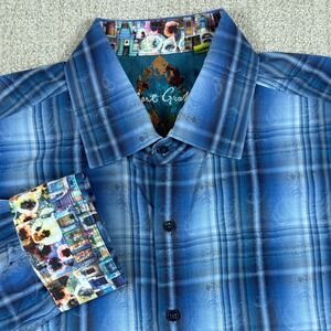 Robert Graham Men 2XL Blue Plaid Paisley Classic Fit Long Sleeve Button Up Shirt